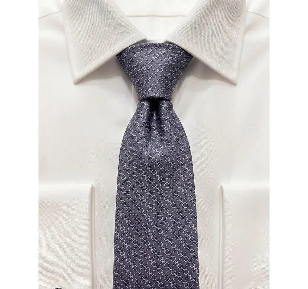 Hermès Paris Grey Geometric Micro Link 100% Silk Necktie
